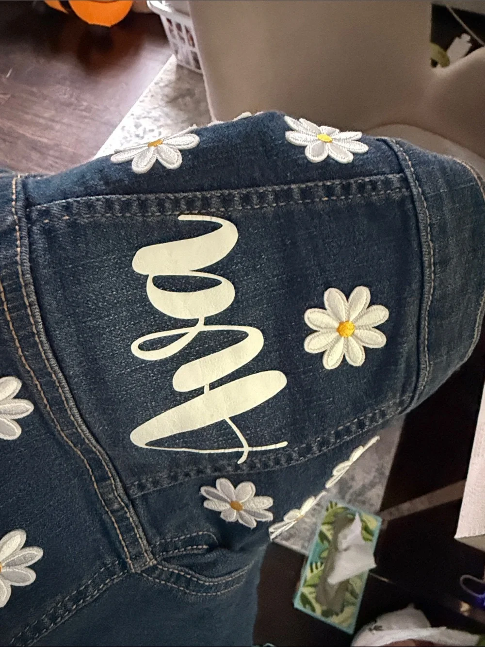 Personalized Dark Blue Denim Jeans Jacket with Daisy Design - Ava